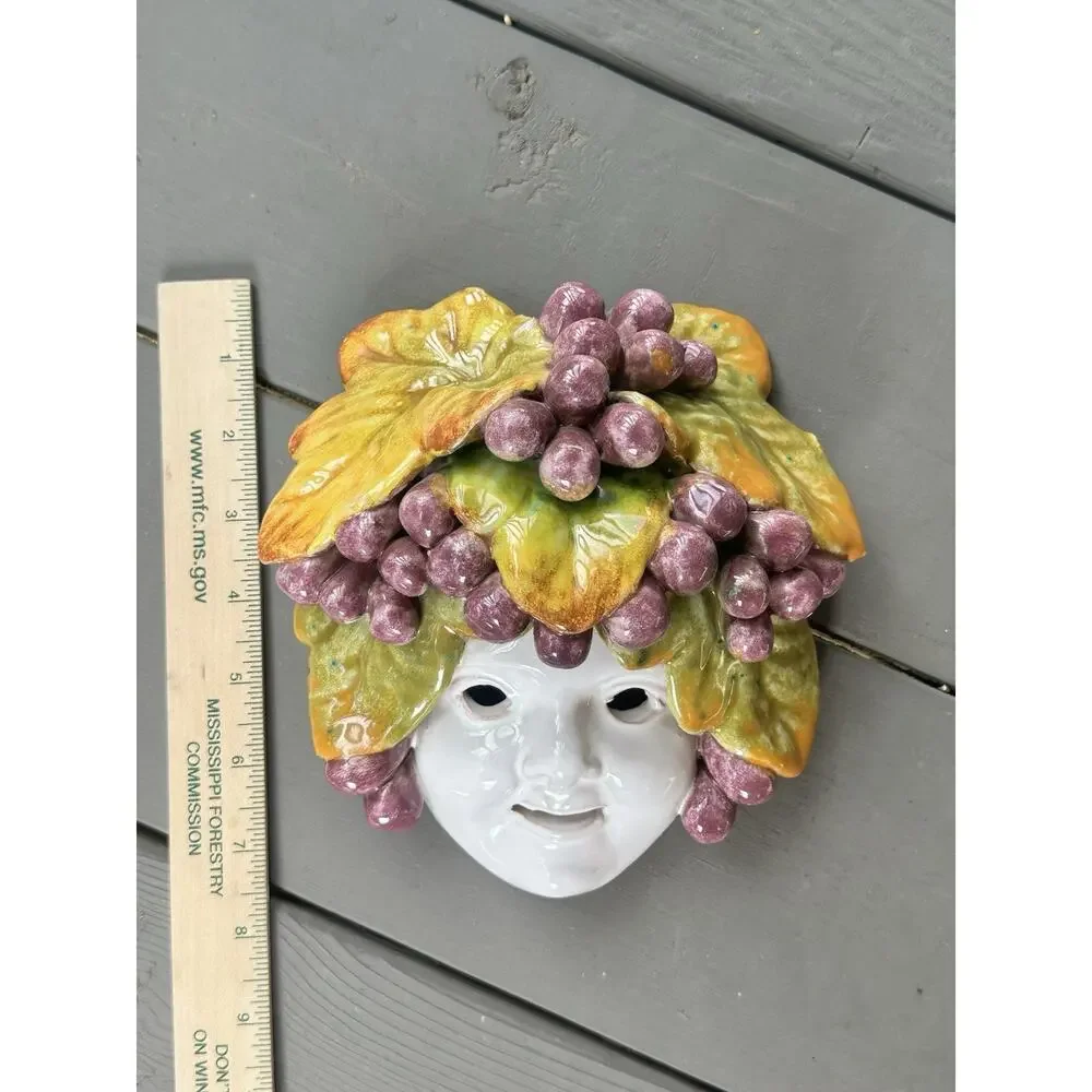 VTG Ceramiche Villani Firenze Italy Wall Mask Grape Leaf Ceramic Face Art Signed